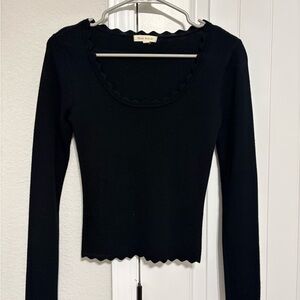 Shop Stevie Black Scalloped Long Sleeve Top